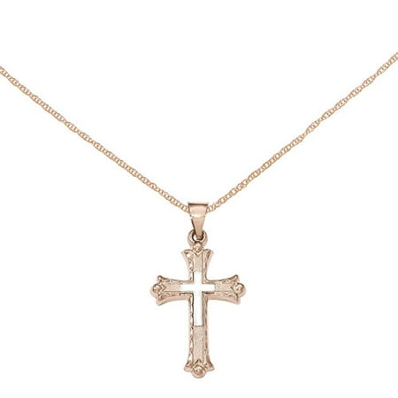14K Two-tone Textured, Brushed and Polished Budded Cross Pendant