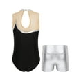 thumbnail image 2 of Yeahdor Kids Girls Gymnastics Dance Outfit Metallic Striped Leotard Sheer Mesh Patchwork Bodysuit with Metallic Shorts Silver 4, 2 of 7