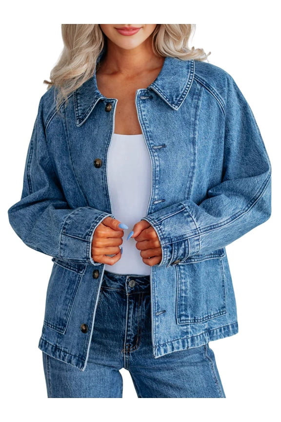 Womens Oversized Jean Jacket Casual Long Sleeve Button Down Denim Jacket Fall Coat Blue S