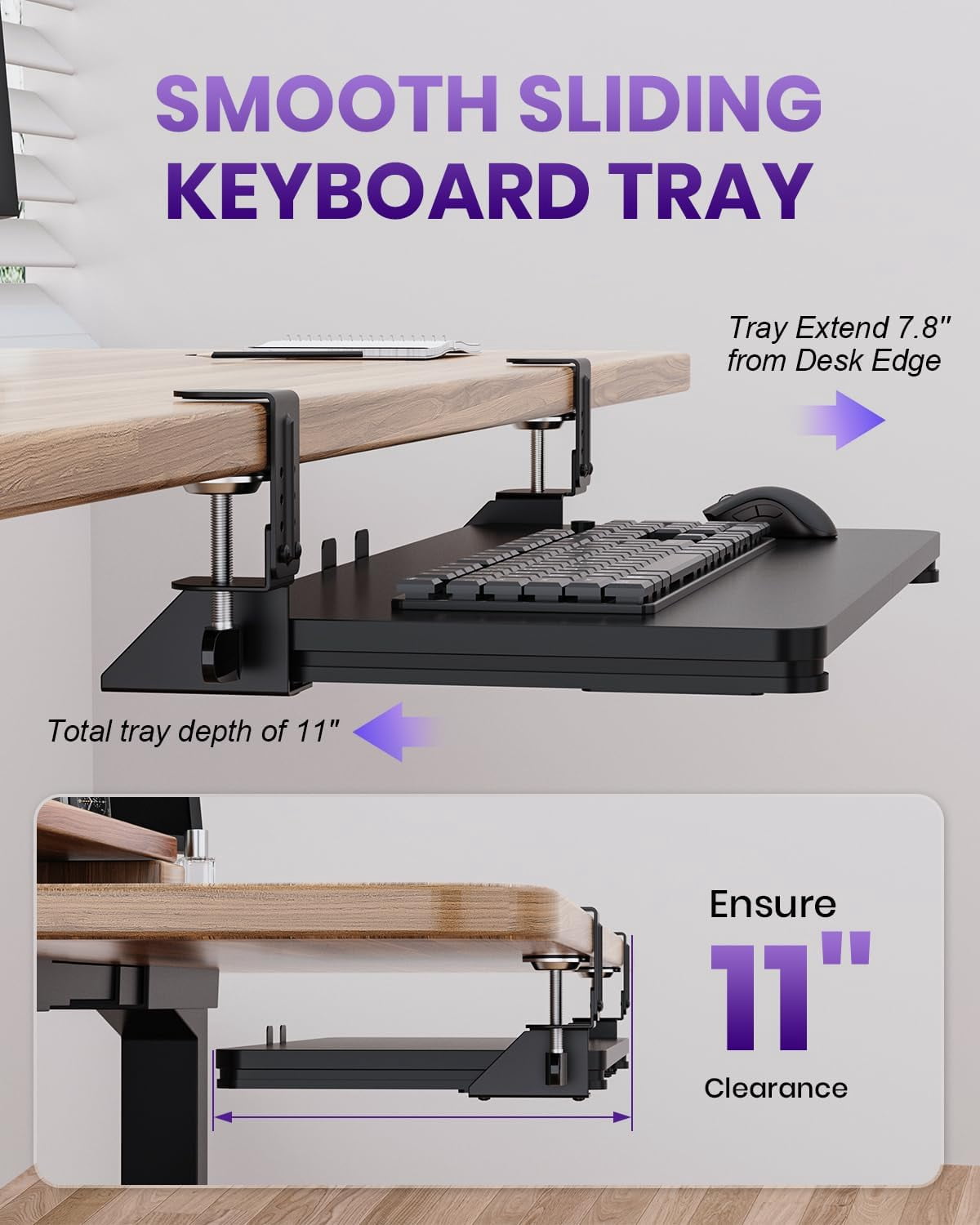 Ergonomic Keyboard Tray Under Desk, Pull Out with Adjustable C-clamp, 25.6 (31.5 Including Clamps) x 11.8 Inch Slide Out Computer Keyboard Drawer Mouse Tray for Typing