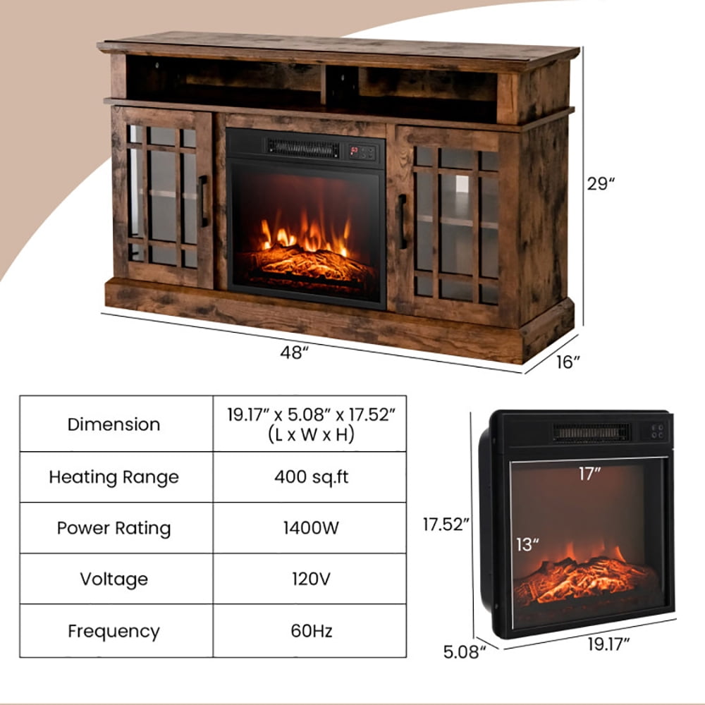 Finihen TV Stand, TV Cabinet, 48 Inch Electric Fireplace TV Stand with Cabinets for TVs Up to 55 Inch, for Living Room, Bedroom, Brown