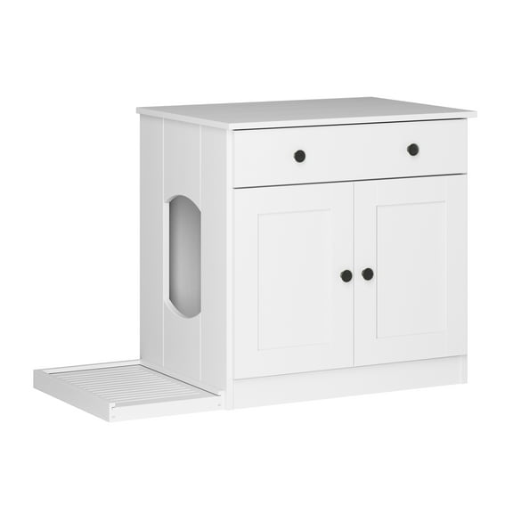 Palace Imports 100% Solid Wood Ziva 2-Door Cat Litter Box Enclosure with 2-Drawers and Litter Catch, White