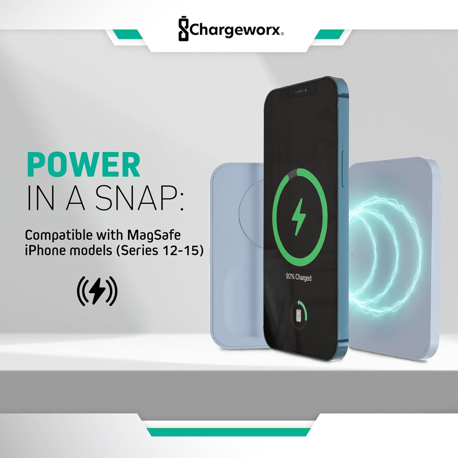 Chargeworx 3-in-1 Wireless Charger, Foldable Magnetic Charging Station, 15W, Blue