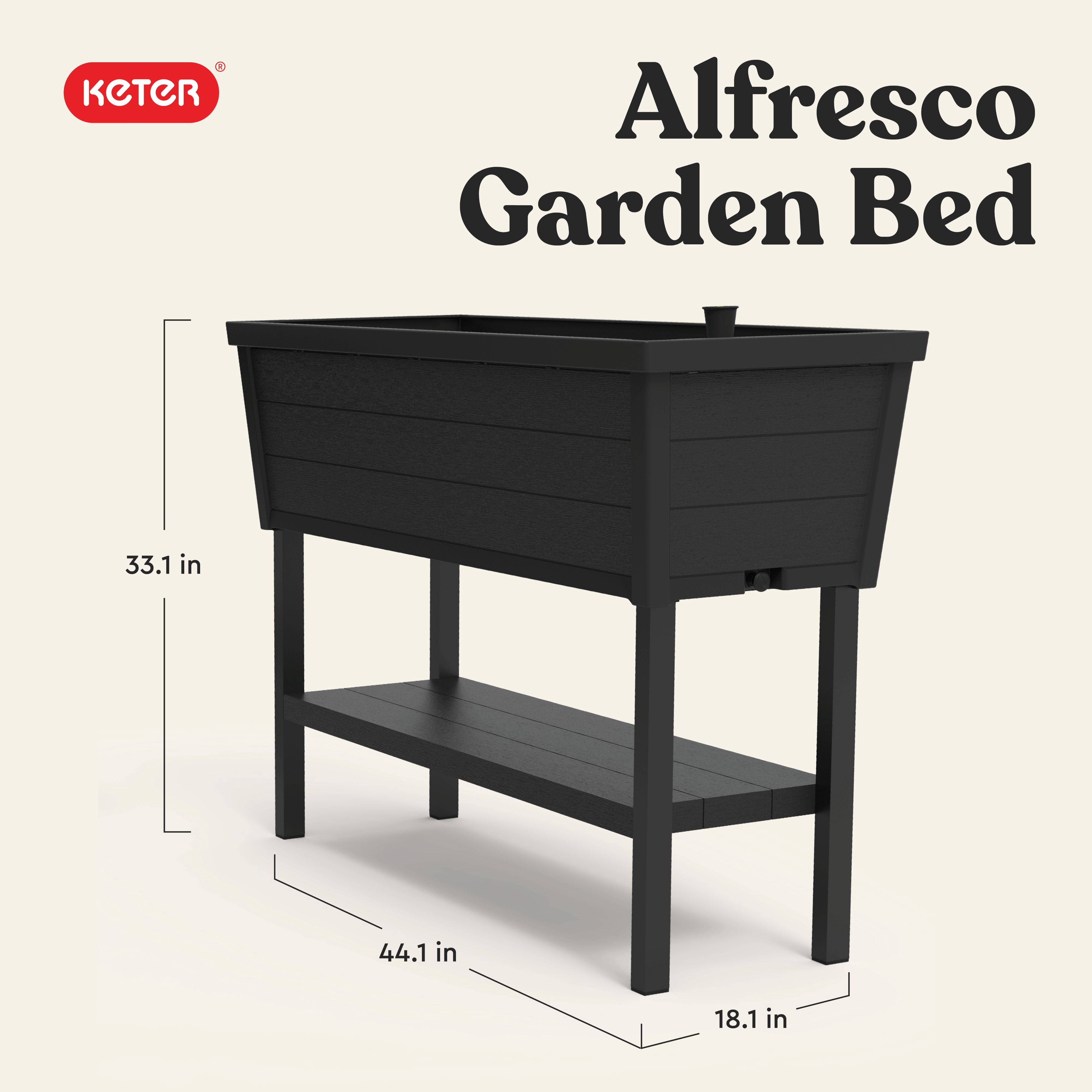 Keter Alfresco Garden Bed 44" x 18" x 33" Durable Wood-Look Raised Garden Bed with Self-Watering and Drainage System Kit, Gray
