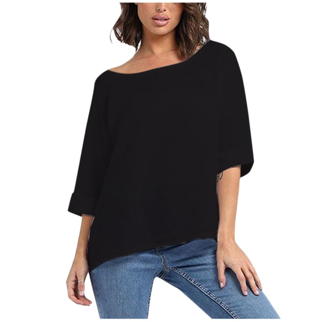 T-Shirt Court en Lin Uni à Manches 3/4 Col Rond Décontracté pour Femmes Grandes Tailles
