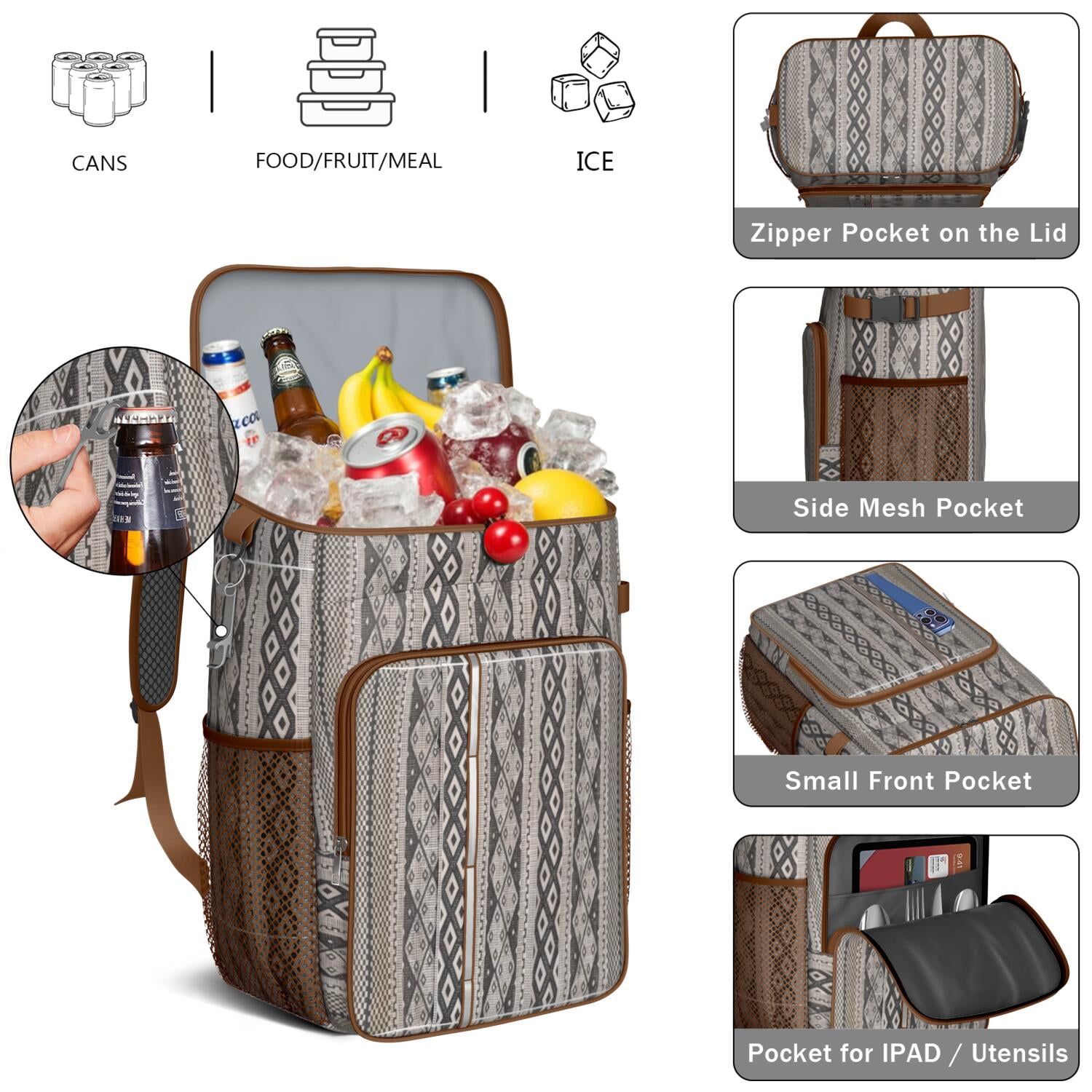Travel Cooler Bag - Boho Bohemia Pioneer Flower Geometric Line Art Camping Beer Cooler Backpack with Bottle Opener- Waterproof Insulated Picnic Backpacks - Cooler Bag for Beach