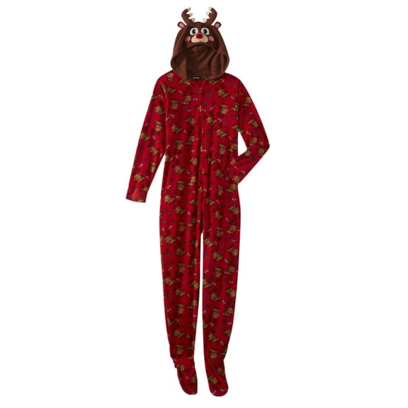 Womens Red Fleece Hooded Reindeer Blanket Sleeper Holiday Pajama Union Suit L