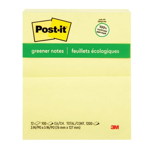 Post-it 655RP-YEL Recycled Post-it Self-Adhesive Notes Plain 3 x 5 in (5) (Pack of 1)