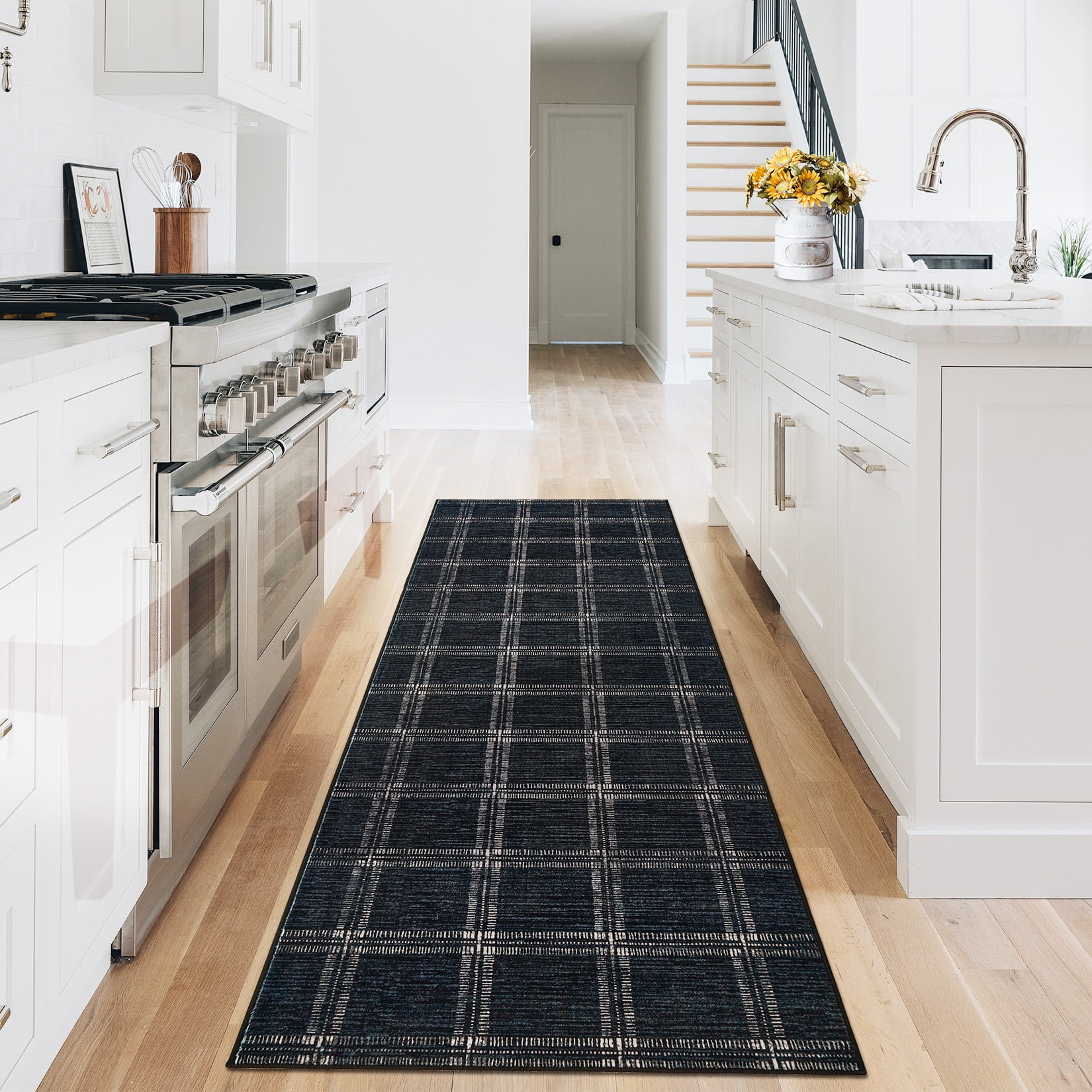 Garvee 2'x6' Runner Rug Modern Striped Geometric Carpet, Washsble Plaid Rug Non Slip Stain Resistant Indoor Floor Mats for Hallway Bedroom Kitchen, Black