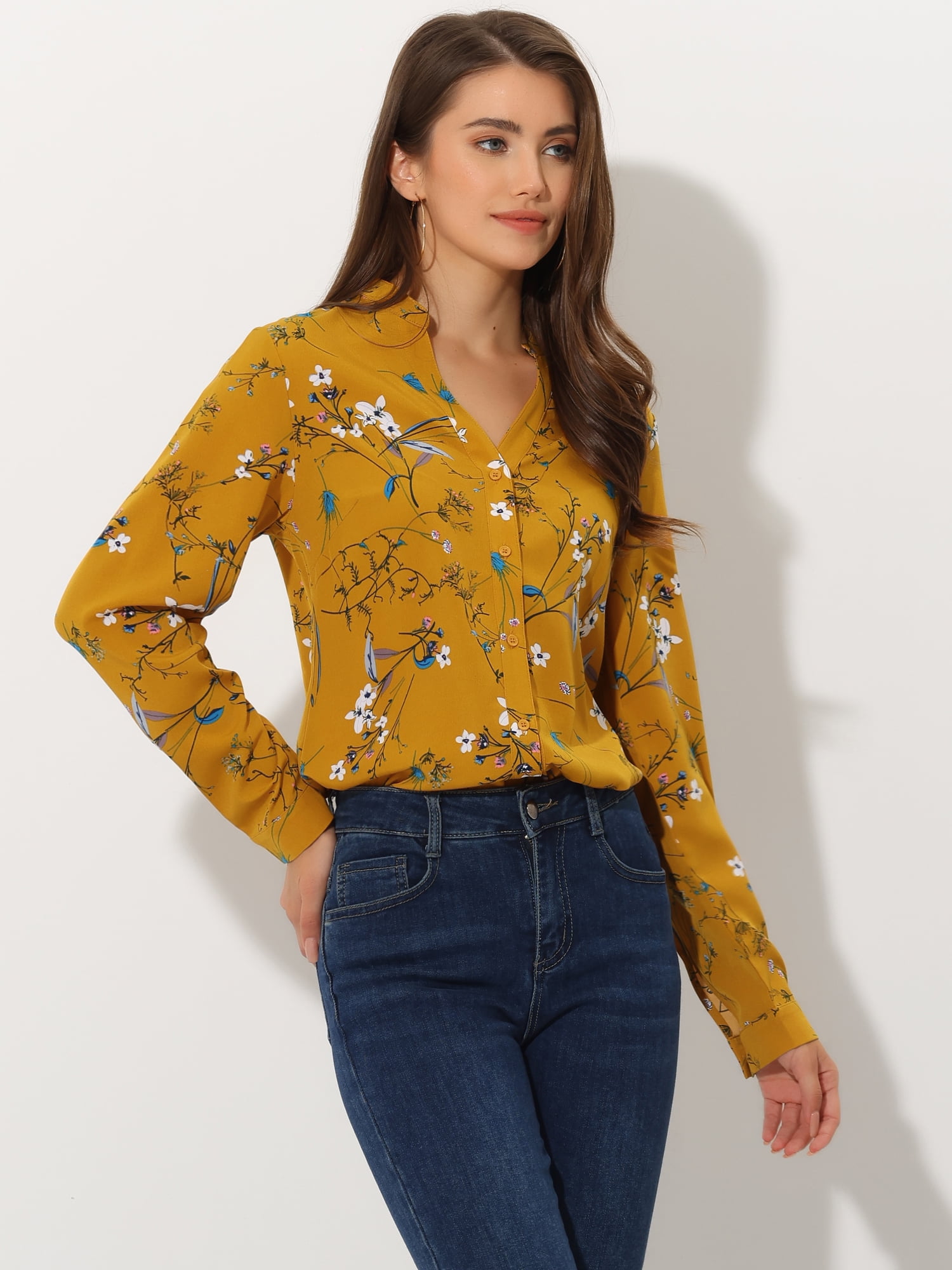 DARING DIVA Women's V Neck Tunic Top Button Up Blouse XL Yellow