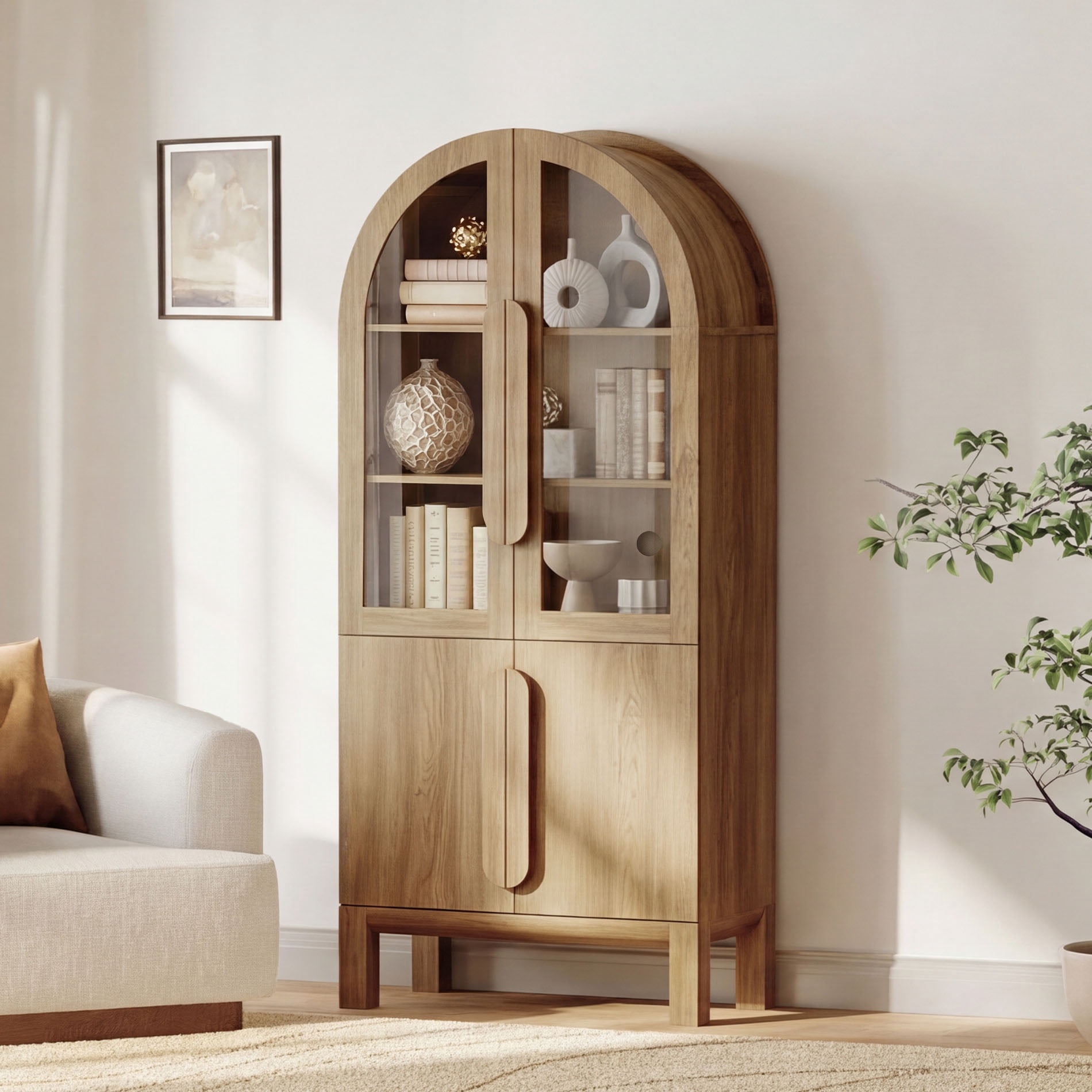 71"H Arched Bookshelf, Modern 5 Tier Bookcase with Cabinet, Wooden Display Cabinet with Glass Doors and Adjustable Shelves, Versatile Bookshelf for Living Room, Study, Office