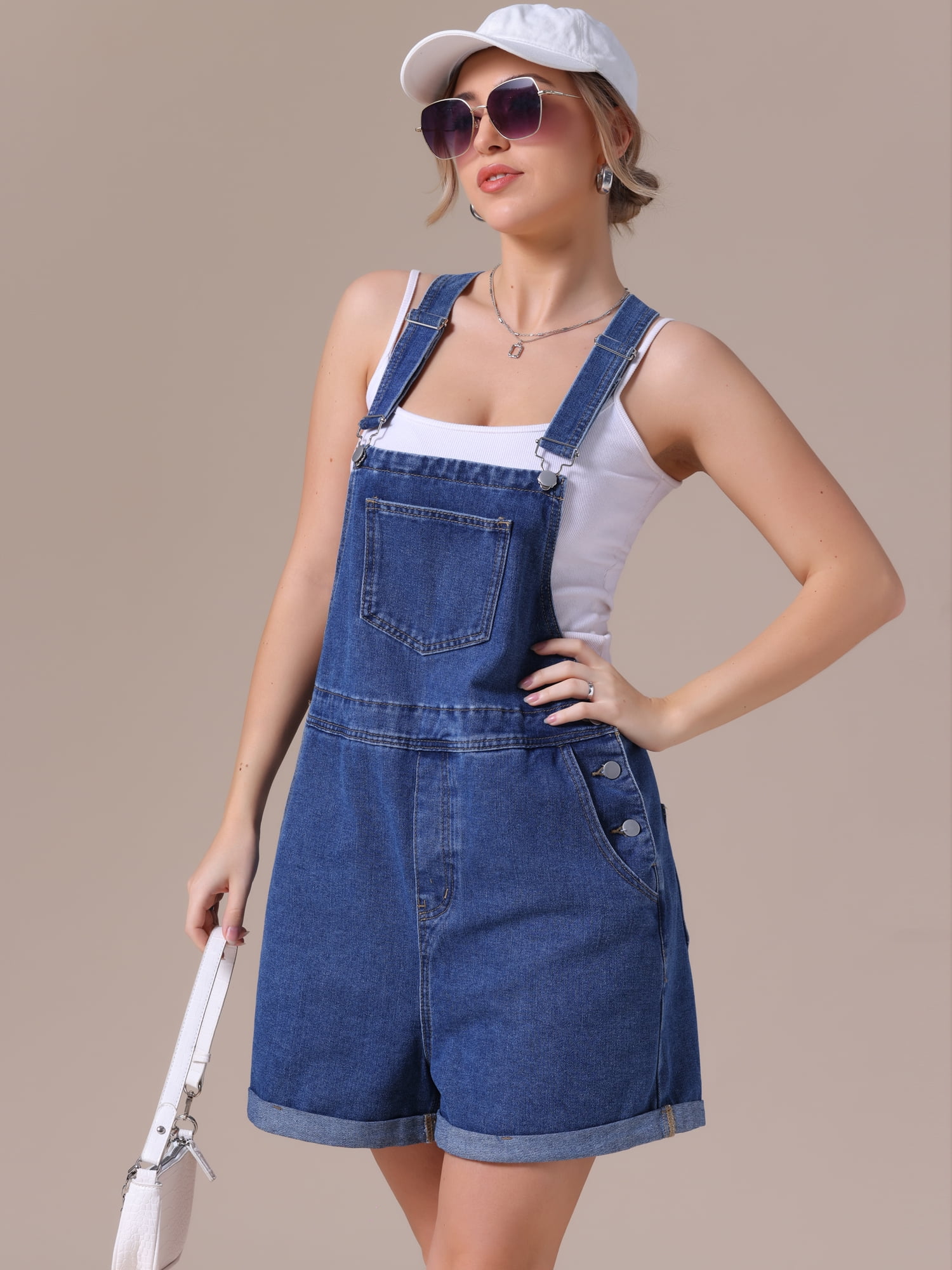 DARING DIVA Women's Denim Loose Fit Summer Jean Romper Jumpsuit L Dark Blue