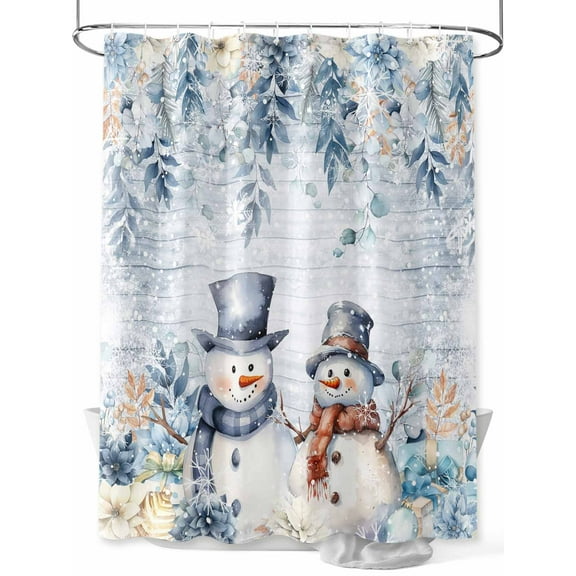 Blue Snowman Christmas Extra Long Shower Curtain Set, Waterproof Shower Curtains for Bathroom, Xmas Botanical Winter Snowflake Vintage Washable Fabric Bath Curtain for Bathtub with Hooks 72x96 Inches