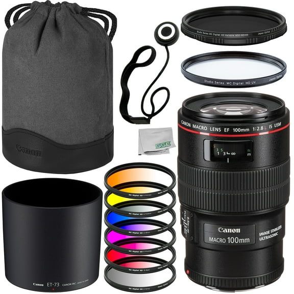 Canon EF 100mm f/2.8L Macro IS USM Lens with Starter Accessory Bundle: Variable Neutral Density Filter (ND2 - ND400), 6PC Gradual Color Filter Kit, Digital HD UV Filter & More