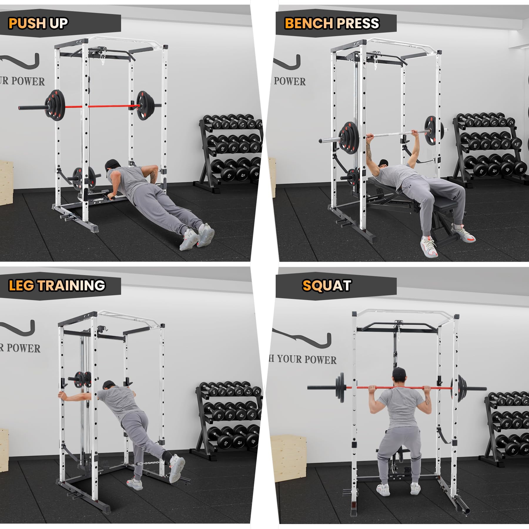 TROPOW Power Cage with LAT Pulldown, Multi-Functional Power Rack with Cable Pulley System and J-Hooks, Squat Rack with Dip Bars and Landmine Attachment, Weight Cage for Home Gym Equipment,White
