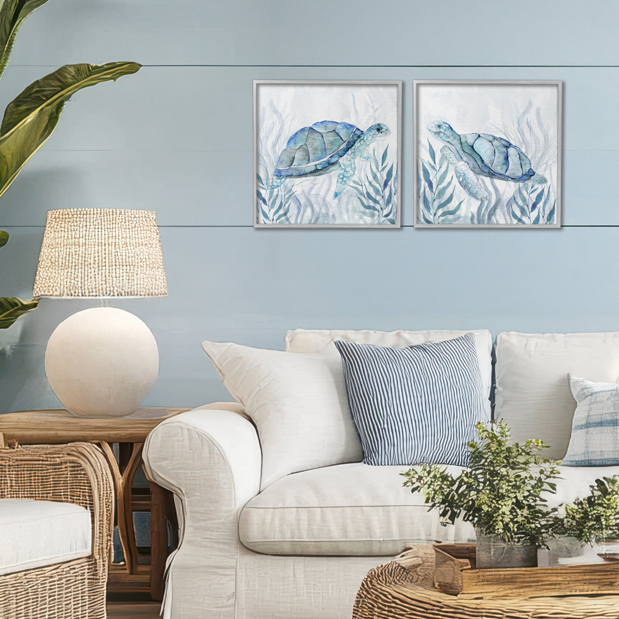 Stupell Industries Subtle Smiling Sea Turtles 2 Piece Gray Framed Giclee Art Set, design by Janet Tava