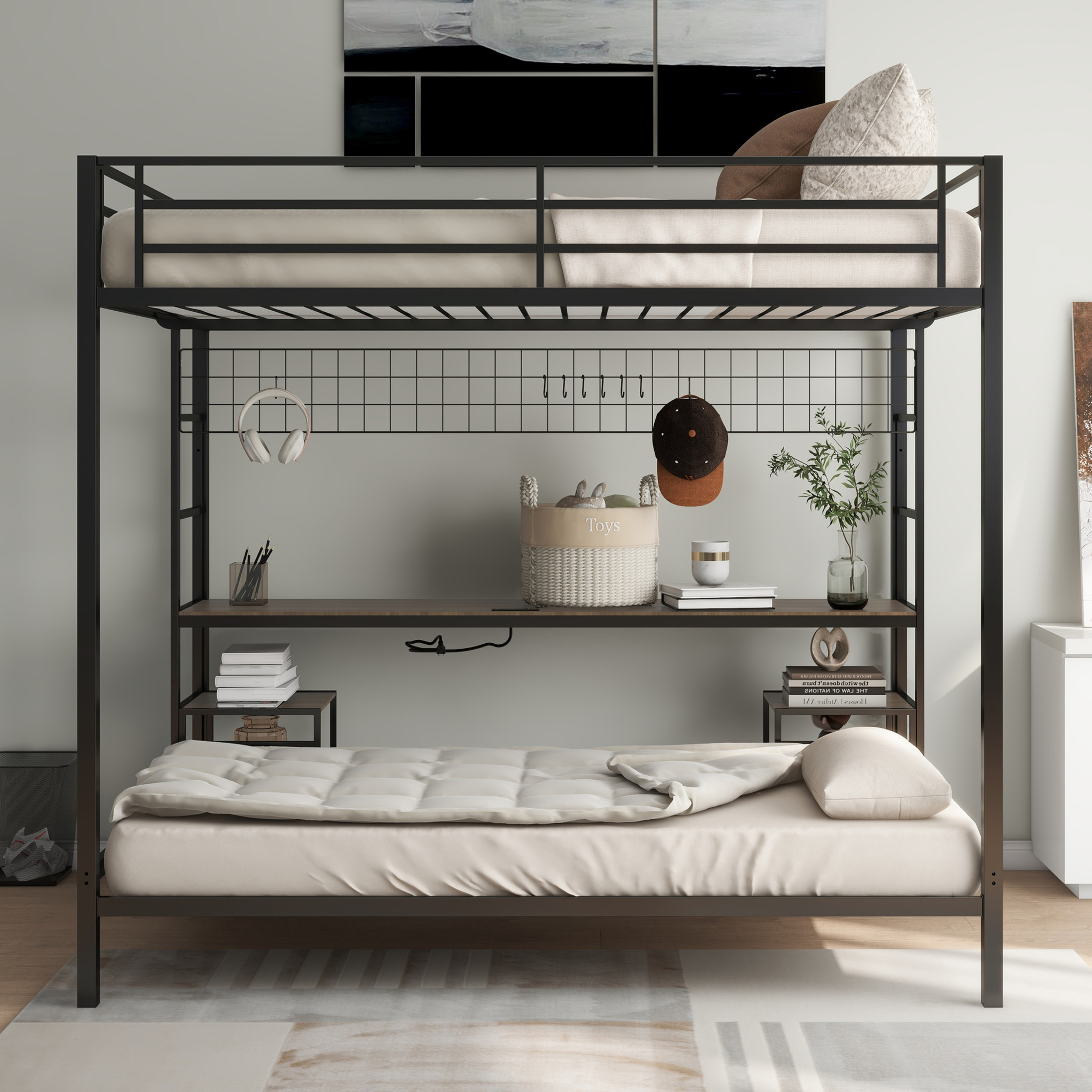 Noble House Ethan Full Over Twin Metal Bunk Bed with Desk, Storage Shelves, Black and Cinnamon Oak
