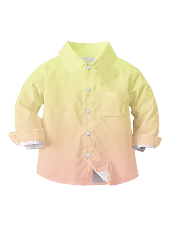 Newborn Infant Baby Blosue Gradient Color Turndown Collar Long Sleeve Button Shirt with Pocket 6 Months-8 Years