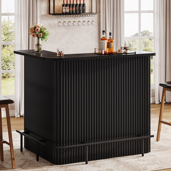 L-Shaped Bar Table with Storage, 4-Tier Home Pub Unit with Metal Footrest, Fluted Counter-Height Bar Table for Living Room, Dining Area, or Basement