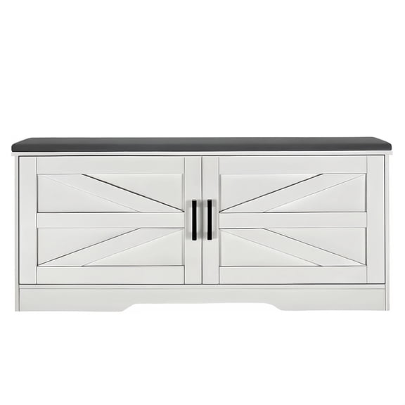 EJerilhxX Farmhouse 2-Tier Storage Bench with Cushion & Shelves, White