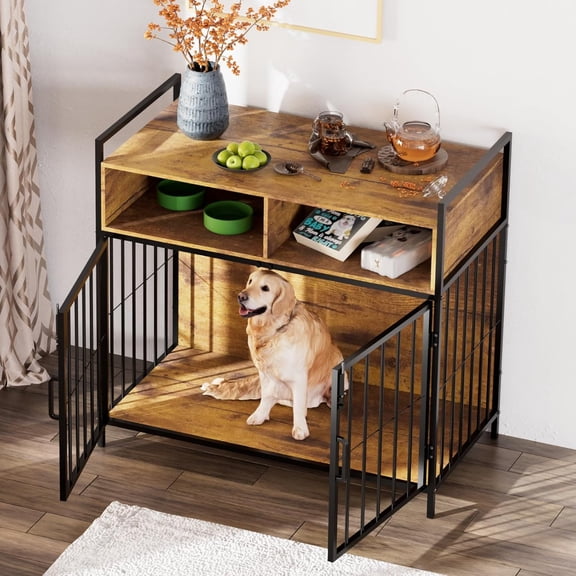 Furniture-Style Dog Crate with Storage Drawers for Large Dogs, Rustic Brown Wood  Indoor Kennel