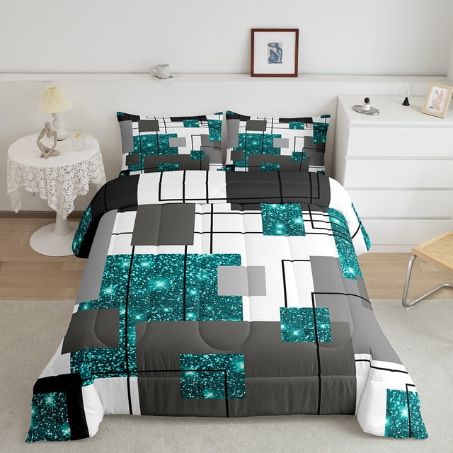 YST Teal Glitter Sequins Grids Comforter Set, Black Grey Abstract Geometric, King