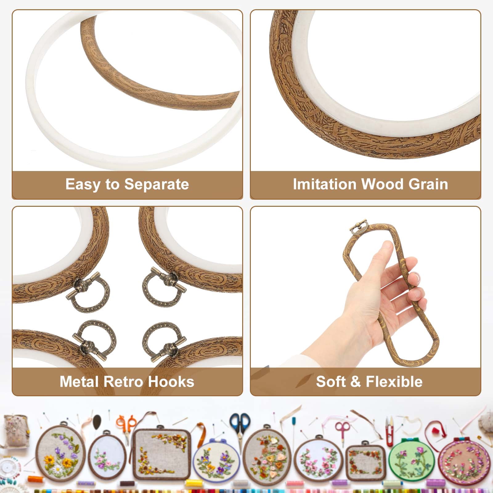 6 Pcs 3.98 x 4.17 - 7.44 x 7.95 Inch Embroidery Hoop Frame, Imitated Wood Square Cross Stitch Hoops with Metal Ring for Embroidery DIY Art Craft Sewing Wall Decor, White & Brown