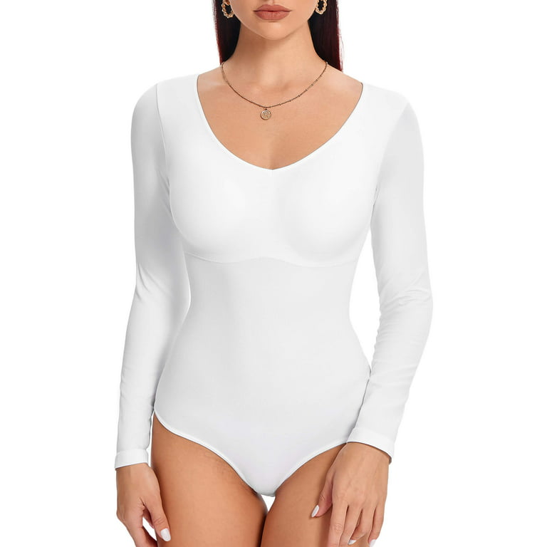 MANIFIQUE Long Sleeve Tummy Control With Built in Bra Shapewear Bodysuit  for Women V Neck Fashion Top 