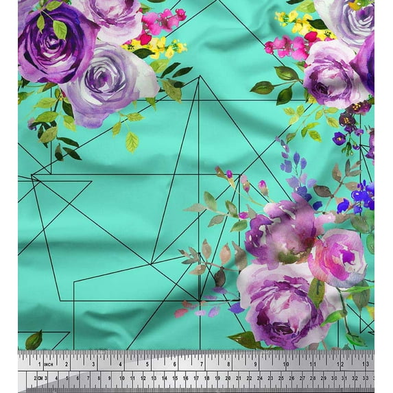 Soimoi Silk Fabric Triangle,Leaves & Rose Flower Print Fabric by the Yard 42 Inch Wide