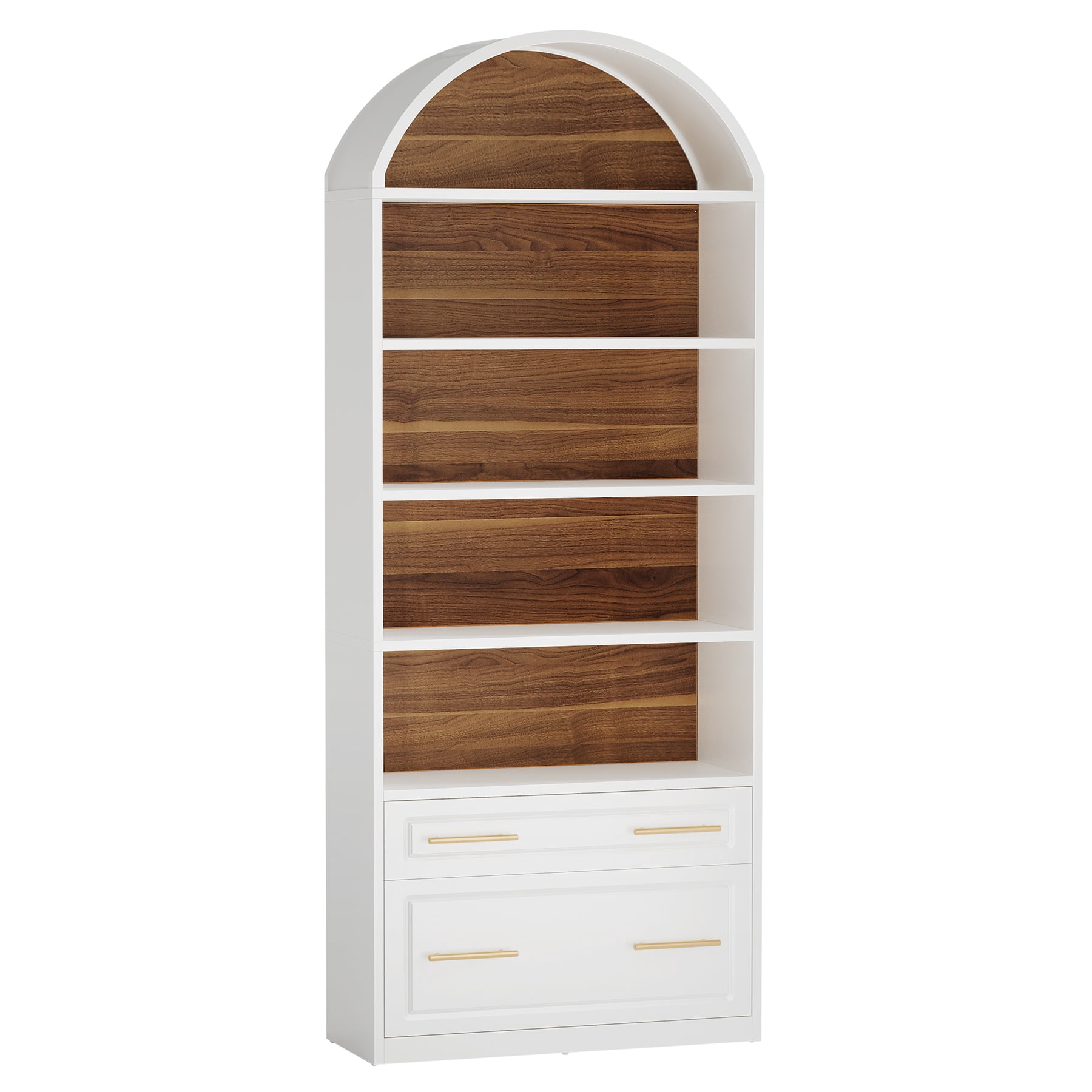 Finmind 77" Tall Arched Bookcase Set of 2, 5-Tier Modern White Bookshelf with File Cabinet Drawer