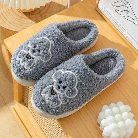 

PhoneSoap Winter Couples Men Warm Baotou Plush Soft Bottom Comfortable Cute Cartoon Pattern Flat Cotton Mop Grey