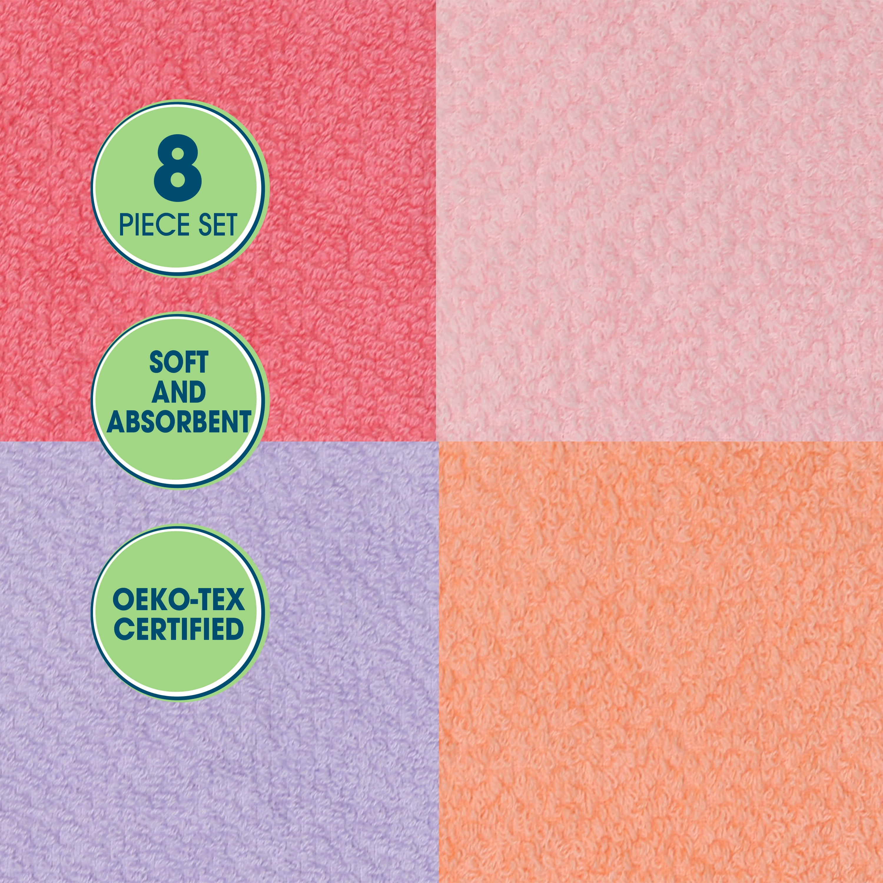 Your Zone Kids Washcloth Set, 8 Pack, Cotton Blend, Pink, Purple and Coral