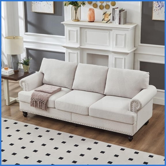 83" Modern Classic Three-Seater Fabric Sofa with Nailhead Trim - Beige Polyester Upholstery for Living Room