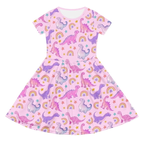 Wxolcjlv Girls Summer Dresses Dinosaur Print Short Sleeve Lightweight Casual Dress, Sizes 4-14
