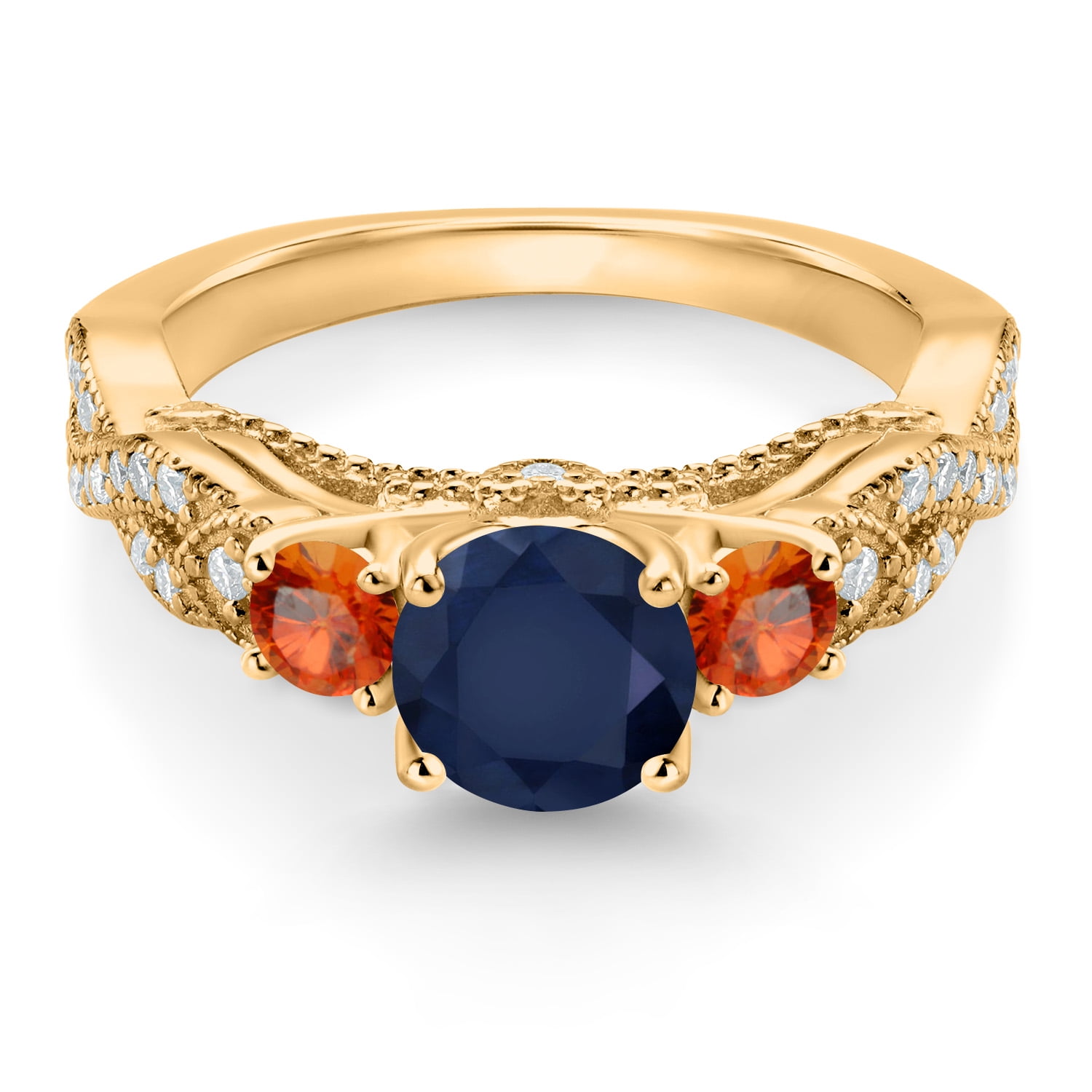Gem Stone King 18K Yellow Gold Plated Silver Blue Sapphire Orange Sapphire and White Moissanite Engagement Ring for Women (1.69 Cttw, Gemstone September Birthstone, Round 6MM and 3MM, Size 6)