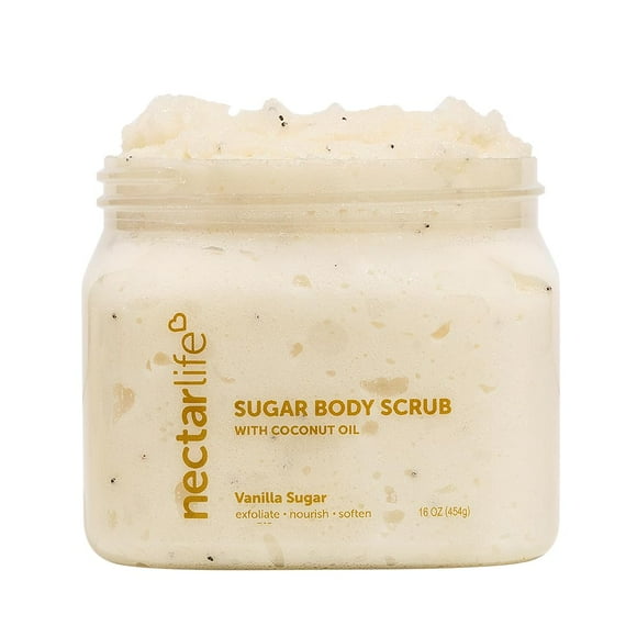 Nectar Life Exfoliante de azúcar exfoliante corporal hidratante con aceite de coco y manteca de karité exfoliante previo al afeitado (16 onzas de vainilla)