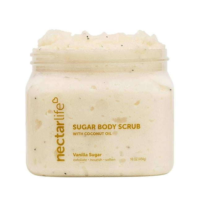 Nectar Life Exfoliante de azúcar exfoliante corporal hidratante con aceite de coco y manteca de karité exfoliante previo al afeitado (16 onzas de vainilla)