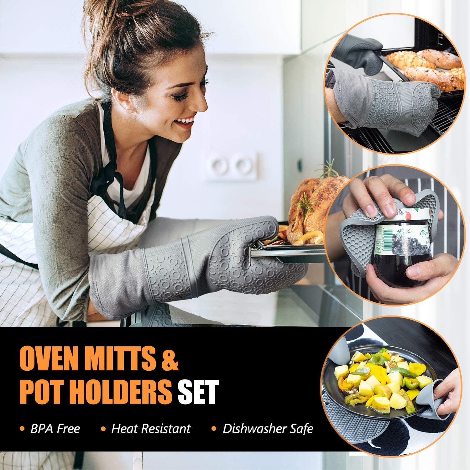 Silicone Oven Mitts – Extra Long Professional Quality Heat Resistant with  Quilted Lining and 2-sided Textured Grip – 1 pair Gray by Lavish Home