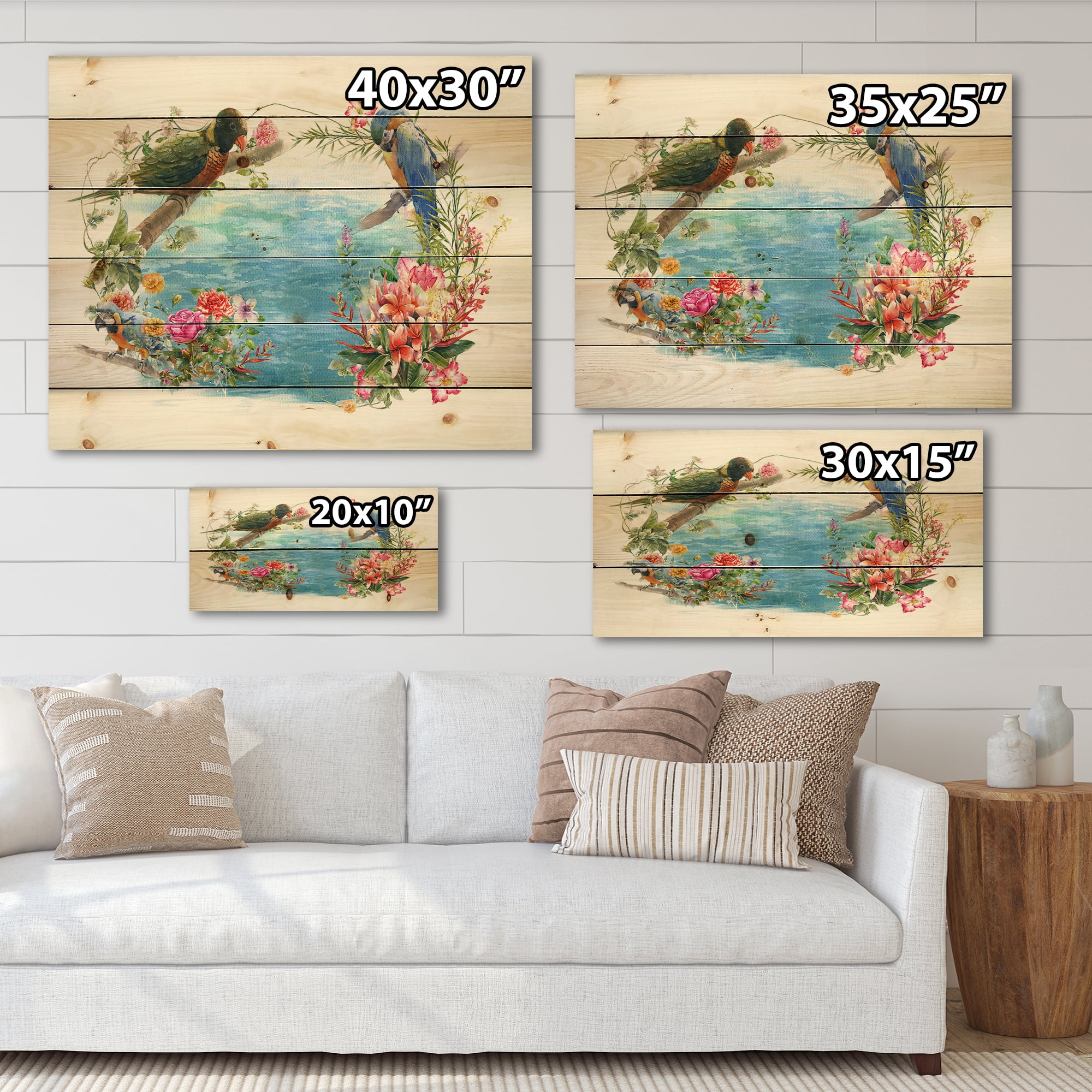 Designart 'Parrots and Flowers By The Blue Waterside' Traditional Print on Natural Pine Wood