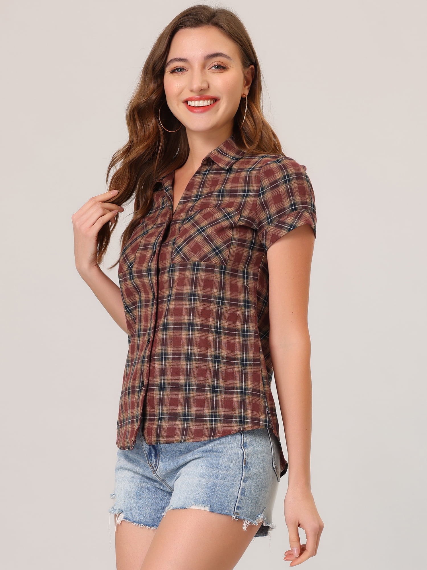 DARING DIVA Women's Casual Boyfriend Plaid Button Down Flannel Shirt S Red Yellow