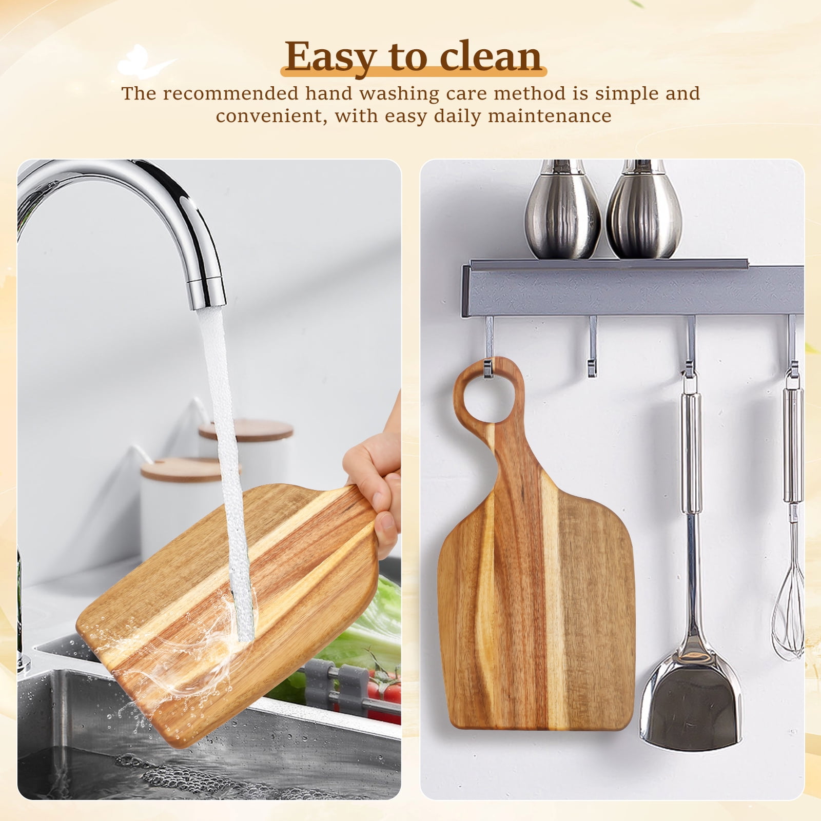 Grusce 2PCS Acacia Wood Couple Cutting Board, Smooth Edge Couple Charcuterie Board with Handle, Large Thick Wooden Cutting Boards, Kitchen Cutting Boards for Meat, Bread, Fruits Serving Board