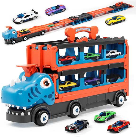 Dinosaur Truck Toy Set, Toys for 2 3 4 5 6 Years Old Boy, Carrier Truck with 6 Die Cast Pull Back Cars & 62.5in Race Track, Toy Car Gift for 2+ Boys