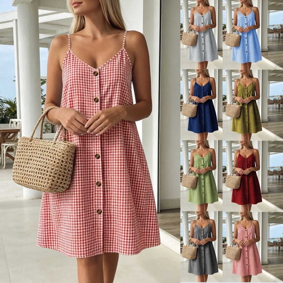 Byworldtasic Women's Gingham Spaghetti Strap Midi Dress V Neck Button Down Casual Loose Sundress with Pockets