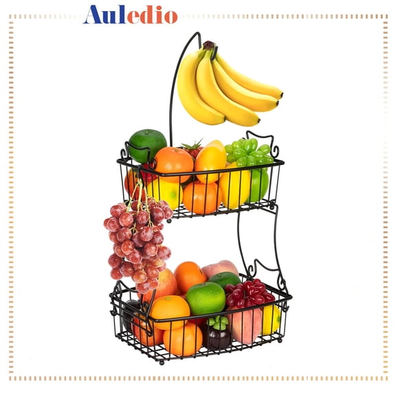 Auledio 2-Tier Oval Metal Fruit Basket with Banana Tree, Decorative Basket for Kitchen Countertop in Black