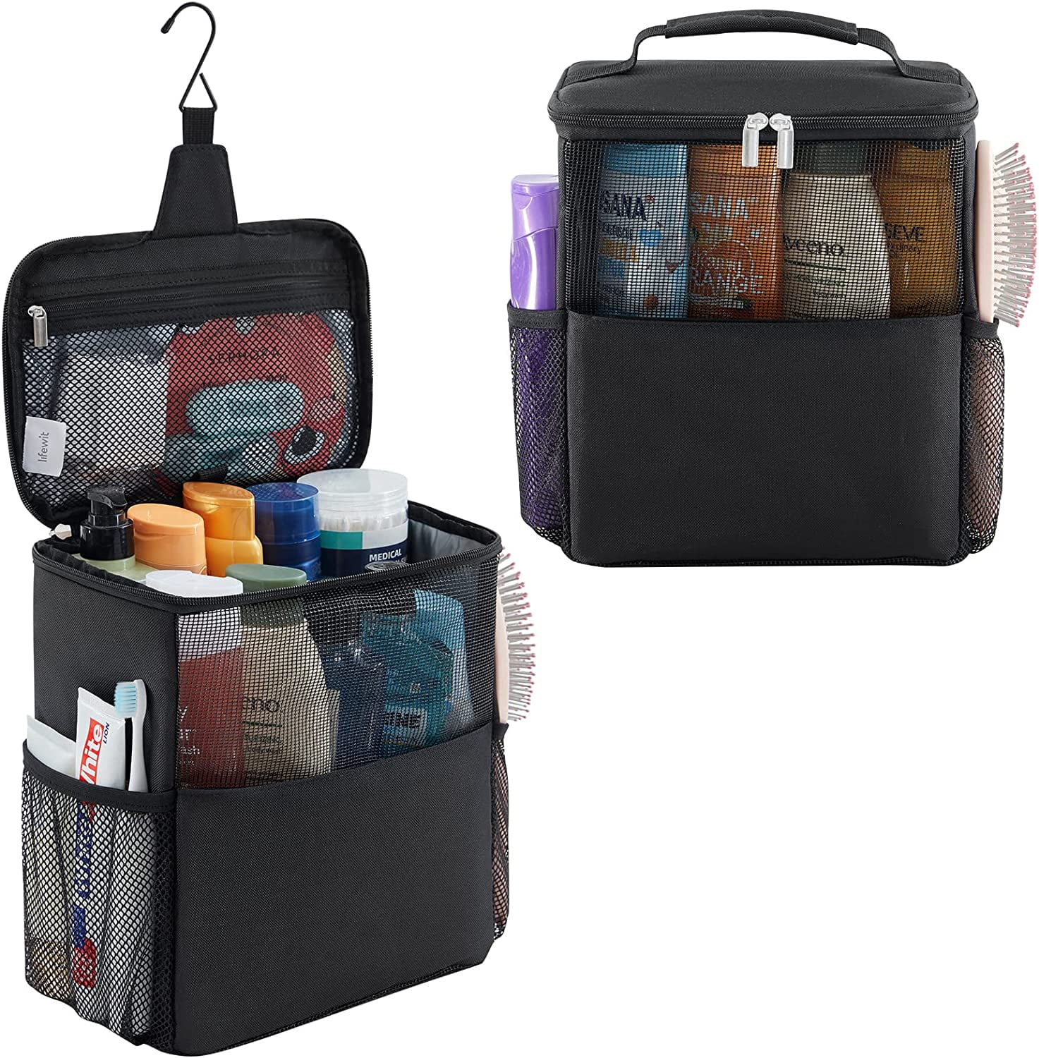 RGHJAR-Shower Bag Mesh Shower Caddy Portable College Dorm Room Essentials Tote Bag for Bathroom, Gym, Travel, Camping Quick Dry Hanging Shower Organizer Basket Toiletry Bag, Large, Black