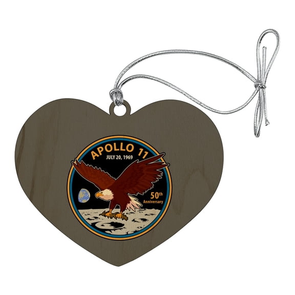 NASA Apollo 11 50th Anniversary Patch with Eagle on The Moon Heart Love Wood Christmas Tree Holiday Ornament