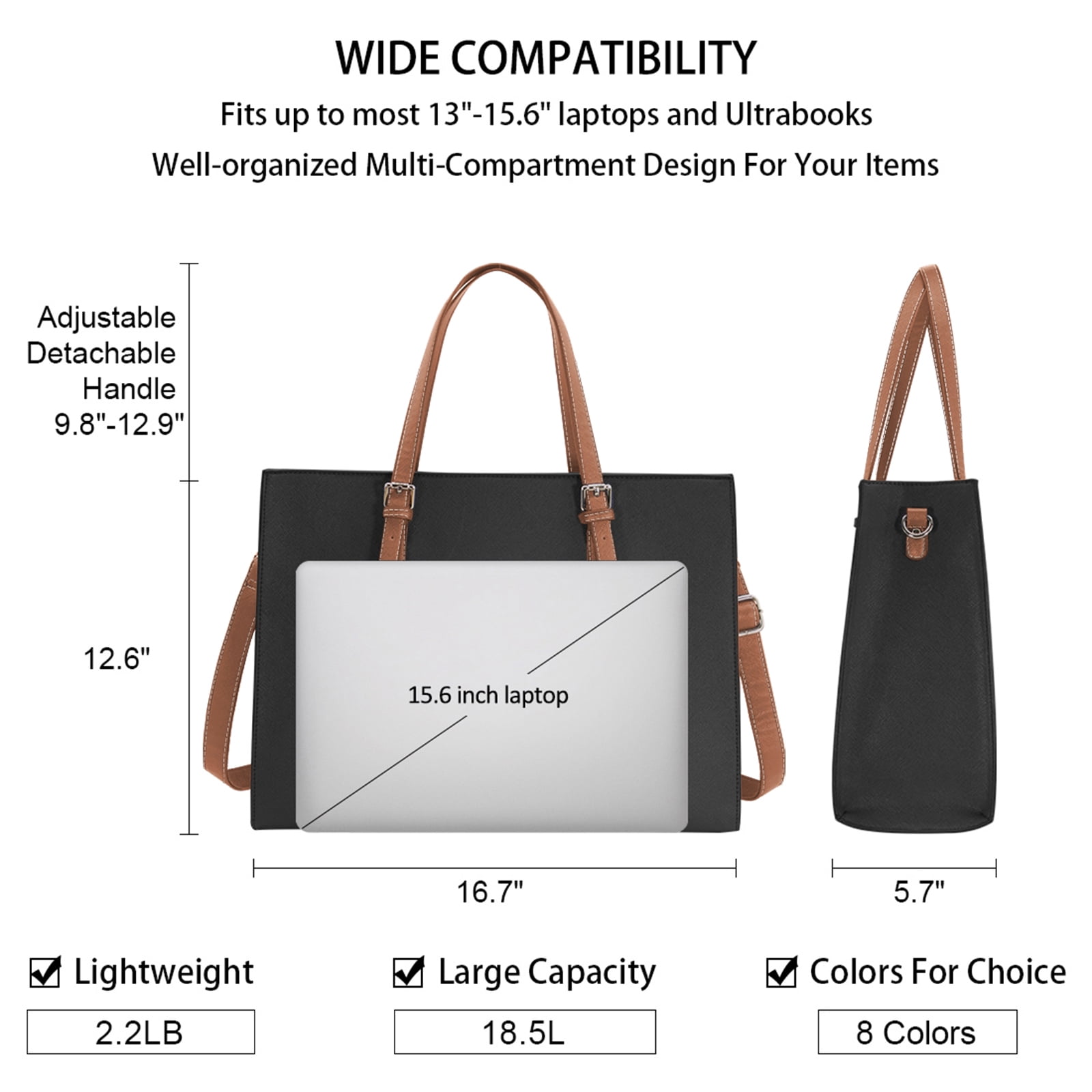 Laptop Bag for Women 15.6 Inch Computer Tote Bag Large Capacity Handbag Waterproof Lightweight Leather Business Office Briefcase Shoulder Bag Professional Office Work Bag,Black and Dark Brown
