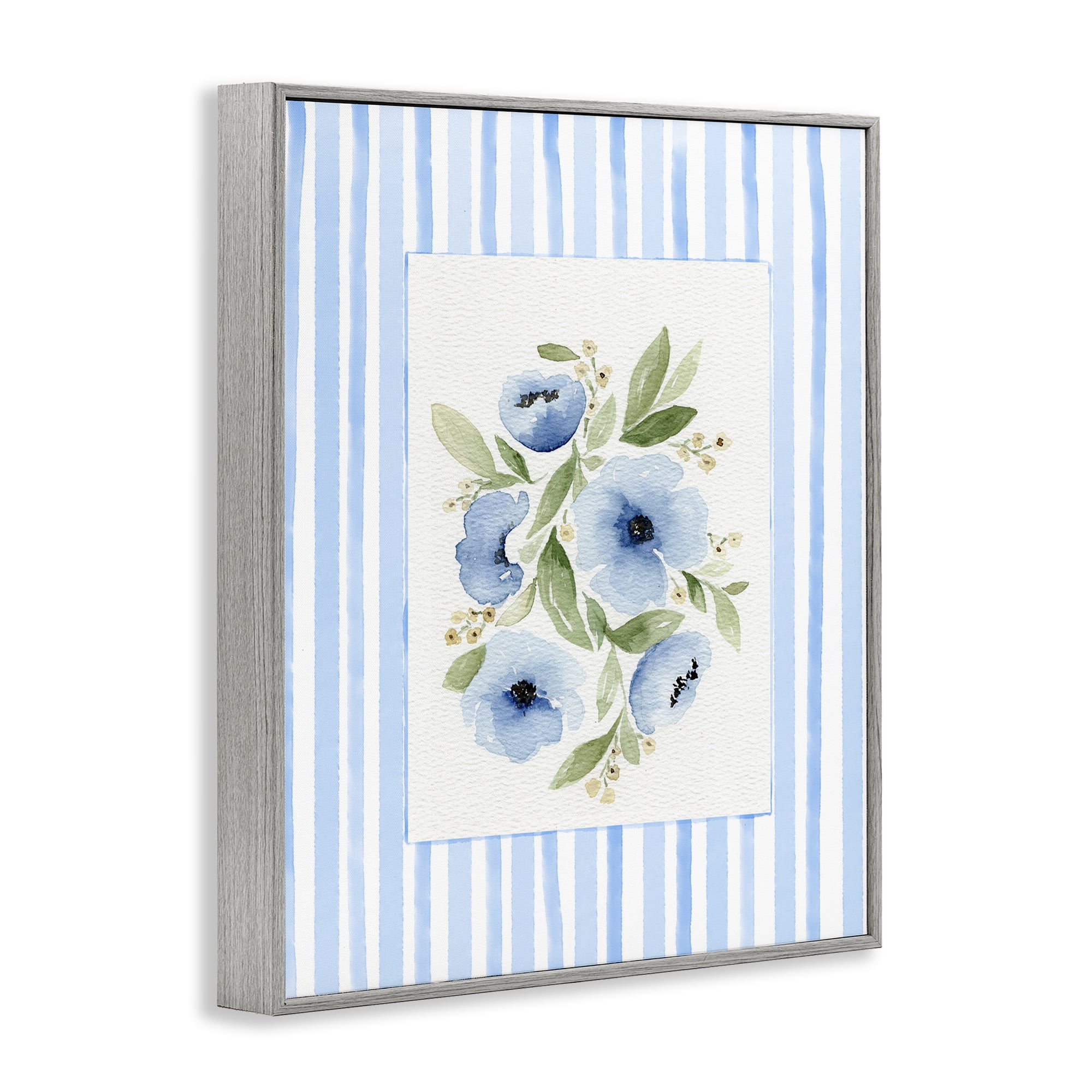 Stupell Industries Flowers With Stripe Border Gray Framed Giclee Art, design by Leah Noel Art