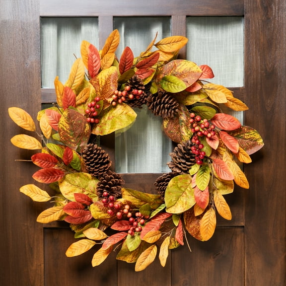 Northlight Leaves, Pinecones and Berries Artificial Fall Harvest Wreath - 26"