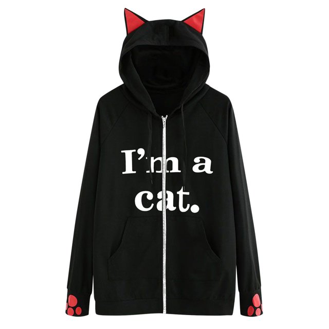 Abrigo de manga larga informal suelto con cremallera y capucha con estampado de gato para mujer Fridja BV0+346